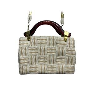 Vtg Handbag Purse Woven Purse Lucite Handles Made In Italy NWT Bohemian Neutral
